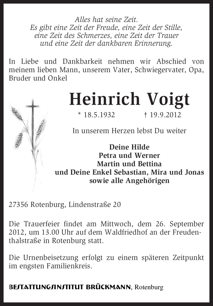  Traueranzeige für Heinrich Voigt vom 22.09.2012 aus KRZ