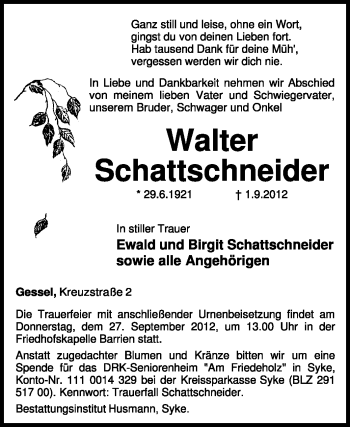 Traueranzeige von Walter Schattschneider von KRZ