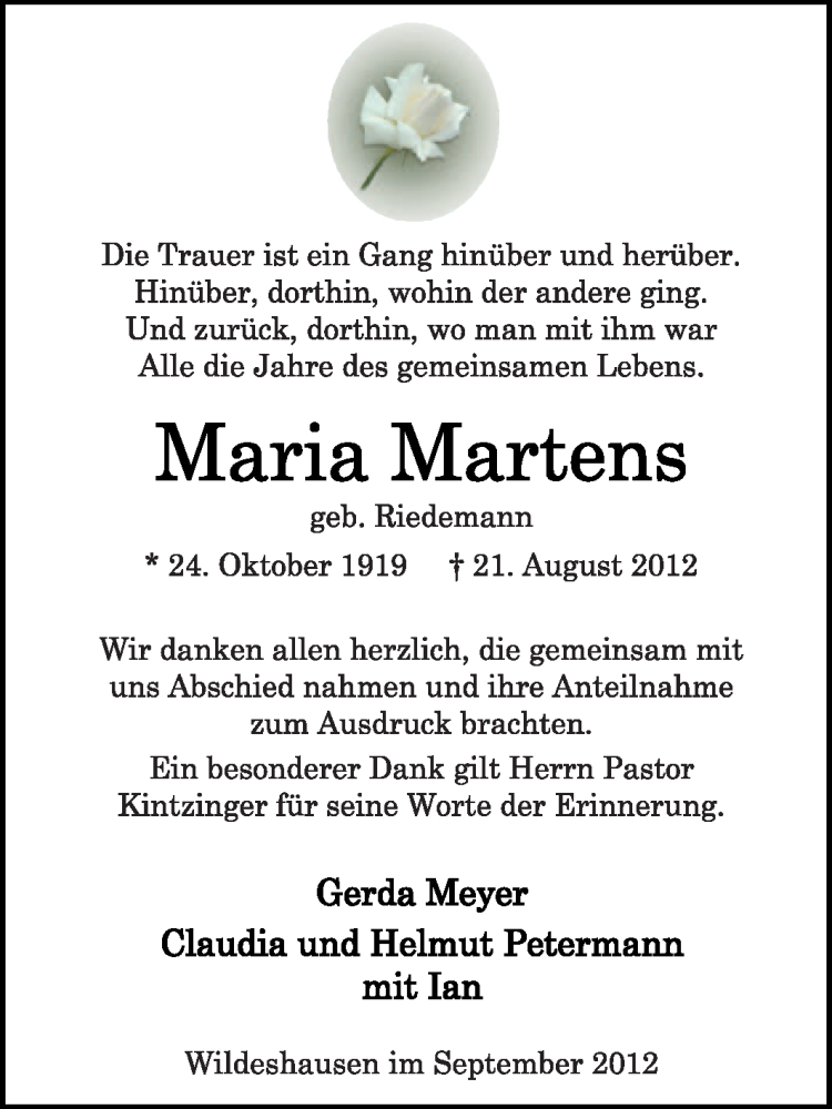  Traueranzeige für Maria Martens vom 22.09.2012 aus KRZ