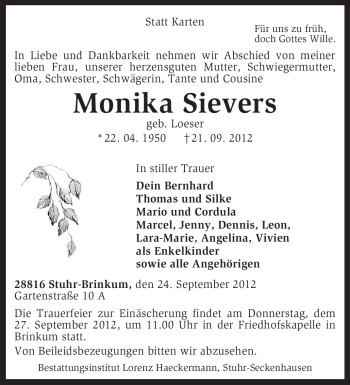 Traueranzeige von Monika Sievers von KRZ