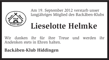 Traueranzeige von Lieselotte Helmke von KRZ