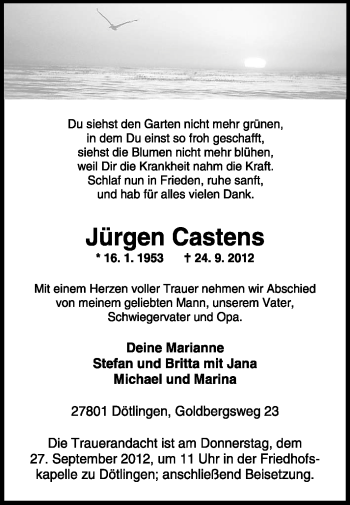 Traueranzeige von Jürgen Castens von KRZ