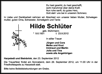 Traueranzeige von Hilde Schlüter von KRZ