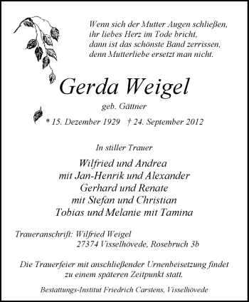 Traueranzeigen von Gerda Weigel | trauer.kreiszeitung.de