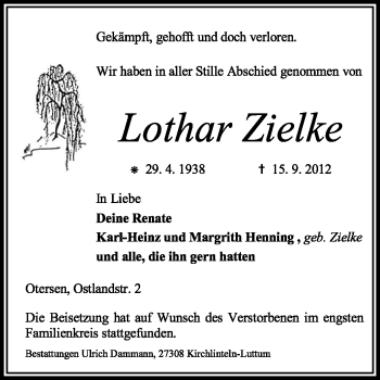 Traueranzeige von Lothar Zielke von KRZ