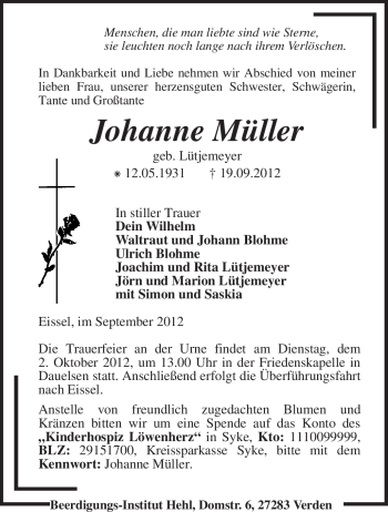 Traueranzeige von Johanne Müller von KRZ