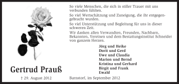 Traueranzeige von Gertrud Prauß von KRZ