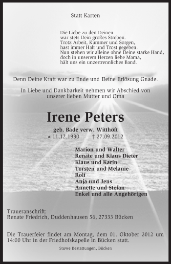 Traueranzeige von Irene Peters von KRZ