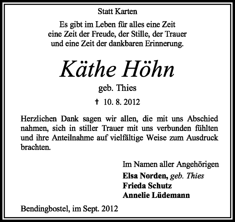  Traueranzeige für Käthe Höhn vom 29.09.2012 aus KRZ