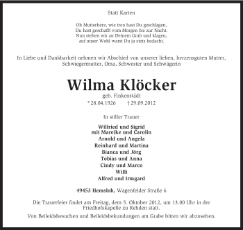 Traueranzeige von Wilma Klöcker von KRZ