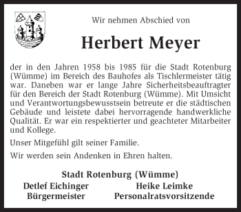 Traueranzeige von Herbert Meyer von KREISZEITUNG SYKE