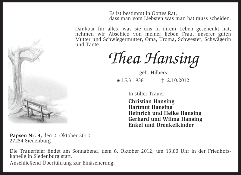  Traueranzeige für Thea Hansing vom 04.10.2012 aus KRZ