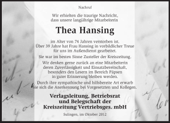 Traueranzeige von Thea Hansing von KRZ