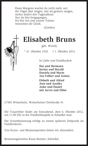 Traueranzeige von Elisabeth Bruns von KRZ