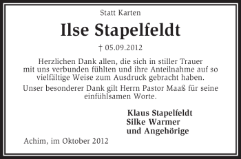 Traueranzeige von Ilse Stapelfeldt von KRZ