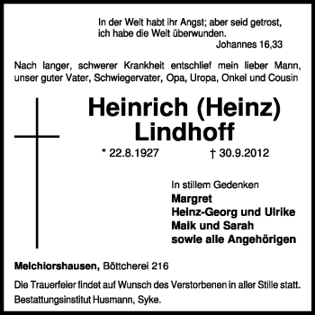 Traueranzeige von Heinrich Lindhoff von KRZ