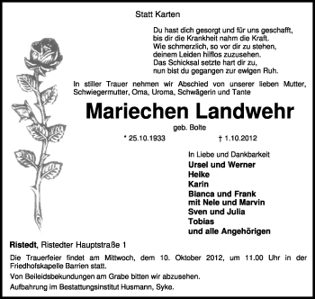 Traueranzeige von Mariechen Landwehr von KRZ