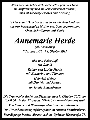 Traueranzeige von Annemarie Herde von KRZ