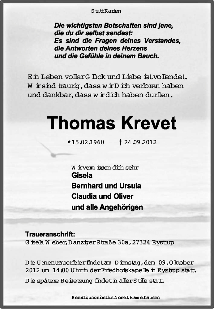  Traueranzeige für Thomas Krevet vom 06.10.2012 aus KRZ