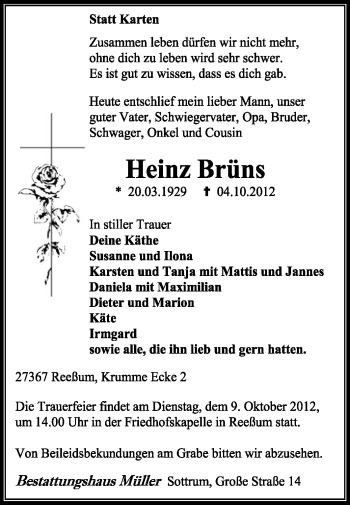 Traueranzeige von Heinz Brüns von KRZ