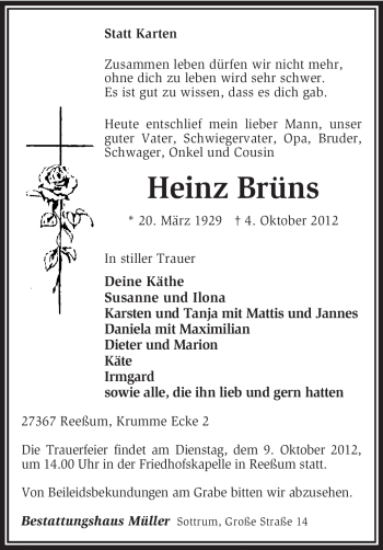 Traueranzeige von Heinz Brüns von KRZ