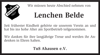 Traueranzeige von Lenchen Belde von KRZ