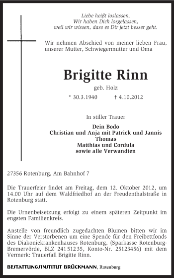 Traueranzeige von Brigitte Rinn von KRZ