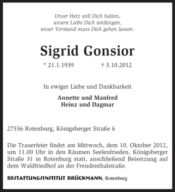 Traueranzeige von Sigrid Gonsior von KRZ