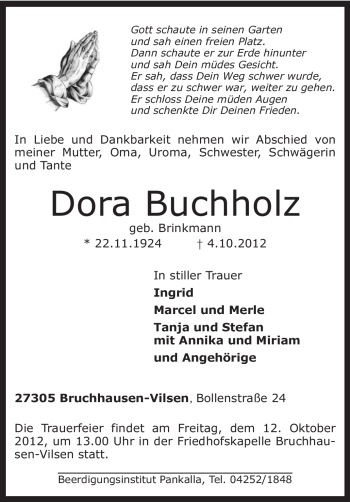 Traueranzeige von Dora Buchholz von KRZ