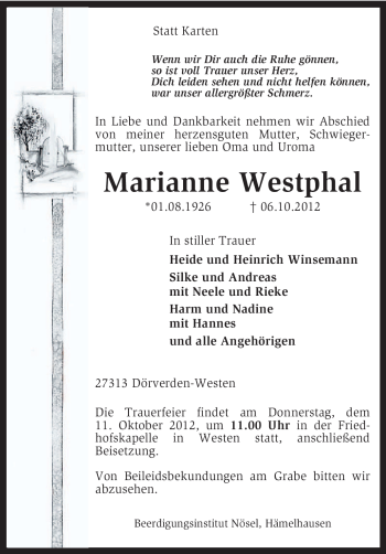 Traueranzeige von Marianne Westphal von KRZ