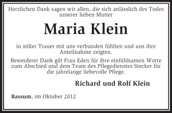 Traueranzeige von Maria Klein von KRZ