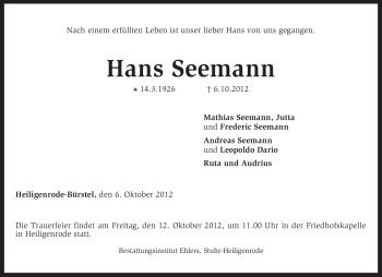 Traueranzeige von Hans Seemann von KRZ