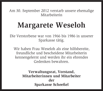 Traueranzeige von Margarete Weseloh von KRZ