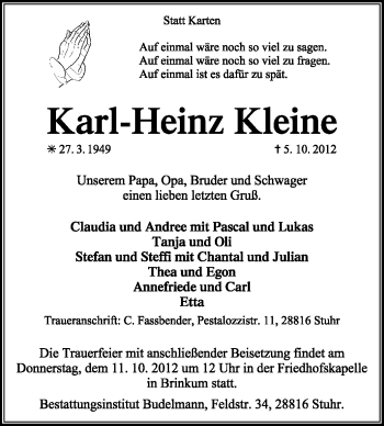 Traueranzeige von Karl-Heinz Kleine von KRZ