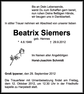 Traueranzeige von Beatrix Siemers von KRZ