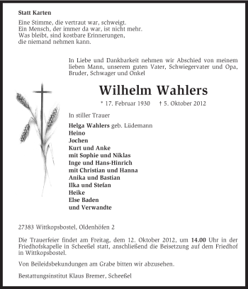 Traueranzeige von Wilhelm Walhers von KRZ