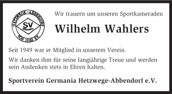 Traueranzeige von Wilhelm Wahlers von KRZ