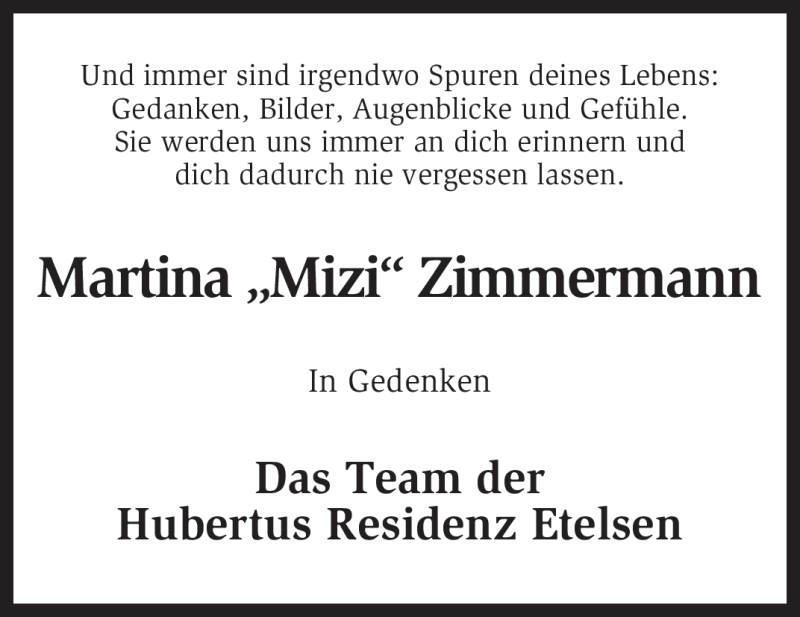  Traueranzeige für Martina Zimmermann vom 16.08.2011 aus KREISZEITUNG SYKE