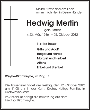 Traueranzeige von Hedwig Mertin von KRZ