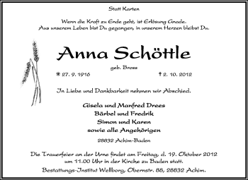 Traueranzeige von Anna Schöttle von KRZ