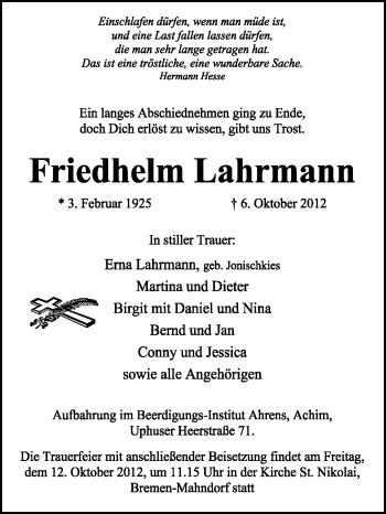 Traueranzeige von Friedhelm Lahrmann von KRZ