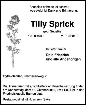 Traueranzeige von Tilly Sprick von KRZ