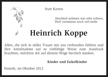 Traueranzeige von Heinrich Koppe von KRZ