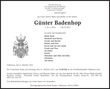 Traueranzeige von Günter Badenhop von KRZ