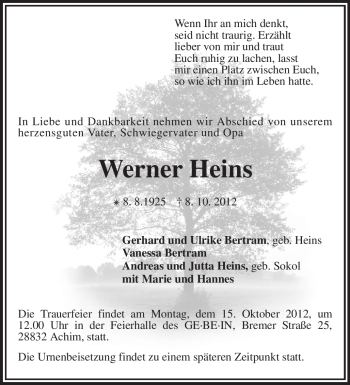 Traueranzeige von Werner Heins von KRZ