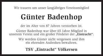 Traueranzeige von Günter Badenhop von KRZ