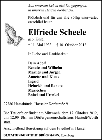 Traueranzeige von Elfriede Scheele von KRZ