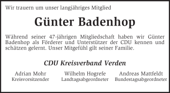 Traueranzeige von Günter Badenhop von KRZ