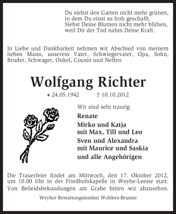 Traueranzeige von Wolfgang Richter von KRZ