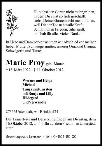 Traueranzeige von Marie Proy von KRZ